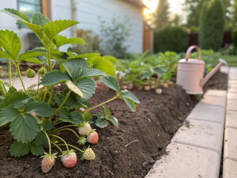 A healthy pink strawberry plant in a raised garden bed, with a watering can in soft sunlight