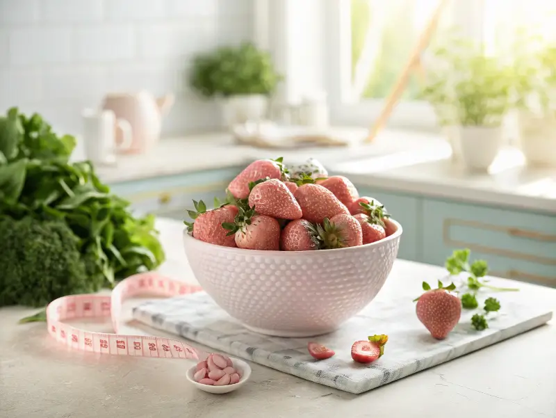 Bowl filled with fresh pink strawberry fruit, set in a bright kitchen with a measuring tape