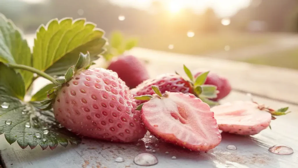 Close-up shot of a freshly sliced pink strawberry with dew drops on a sunlit board