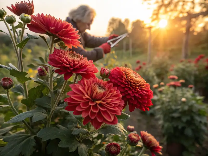 Vibrant red chrysanthemum flowers blooming in autumn garden with gardener tending to plants during golden sunset