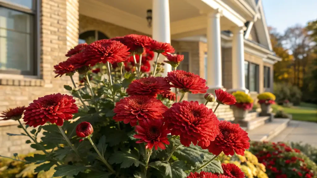 A cluster of vibrant red chrysanthemum flowers blooming by a home entrance, showcasing bright petals and rich green leaves.