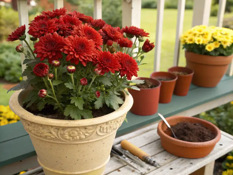 Vibrant red chrysanthemum blooming in decorative pot with garden tools and empty containers for propagation on porch railing