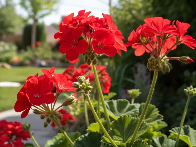 Close-up of bold Americana Red geraniums in full bloom, highlighting bright petals and lush foliage.