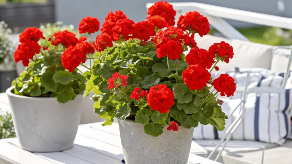 Vibrant red geraniums thriving in white planters on a sunny patio.