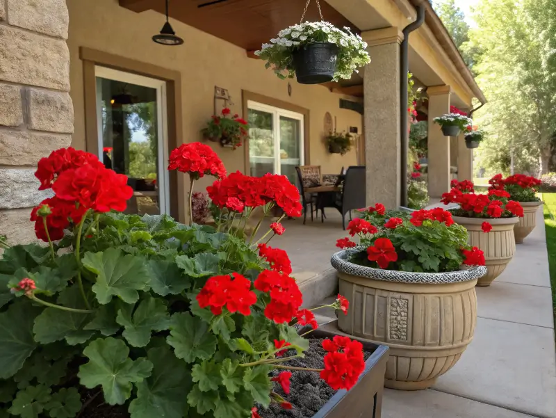 Red geraniums arranged in large planters along a welcoming porch.