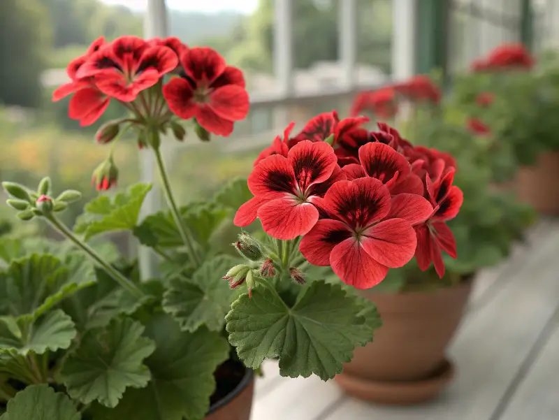 Bullseye Red geraniums in bloom, showcasing vibrant red petals and signature dark leaf rings in terracotta pots.