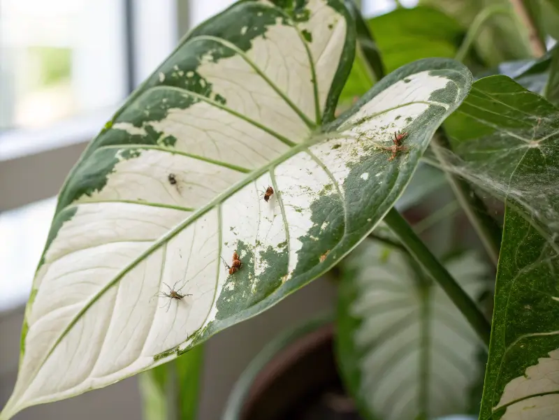 Close-up of a variegated houseplant leaf with visible insects and webbing.