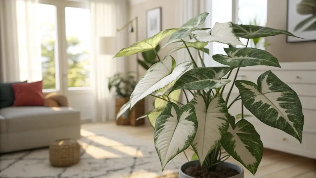 Vibrant syngonium albo showcasing white-and-green variegated leaves in a sunny living room.