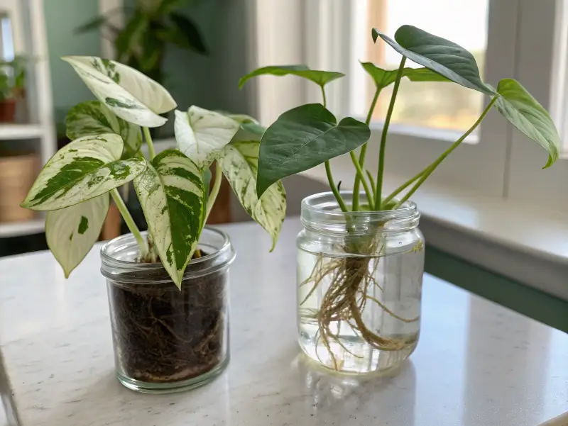Two syngonium albo cuttings in glass jars, one rooted in soil and the other flourishing in water.