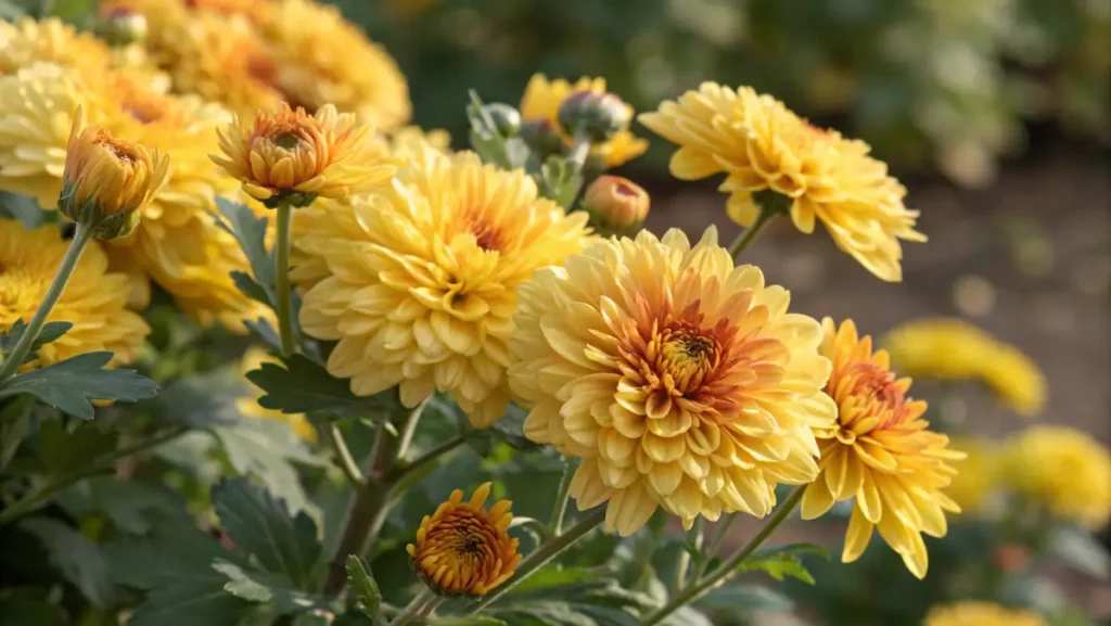 Vibrant yellow chrysanthemum flowers in various stages of bloom with layered golden petals and green foliage in a sunny garden setting