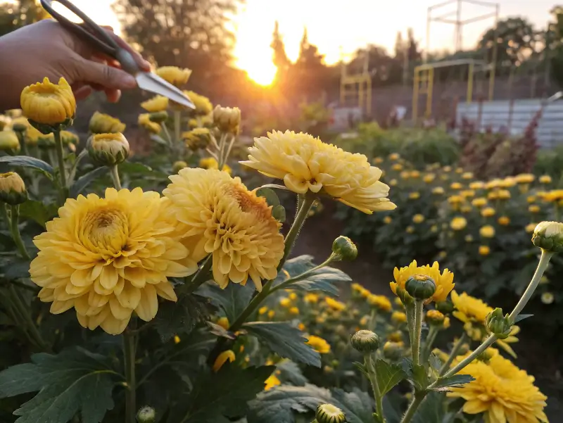 Hand pruning yellow chrysanthemum plants at sunset with golden blooms showing layered petals and buds in various stages in autumn garden