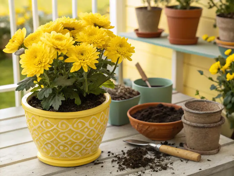 Freshly potted yellow chrysanthemum blooms in decorative yellow container with potting soil, empty pots, and gardening tools on wooden potting bench