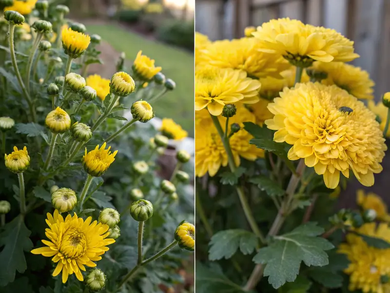 Split image showing chrysanthemums at different growth stages - budding plants with green foliage on left and fully bloomed golden flowers with layered petals on right