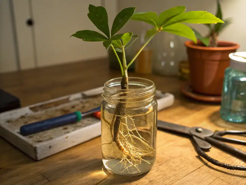 Close-up of an amazing arboricola plant cutting developing new roots in water