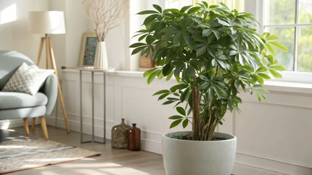 The amazing arboricola plant with glossy leaves in a cozy home interior