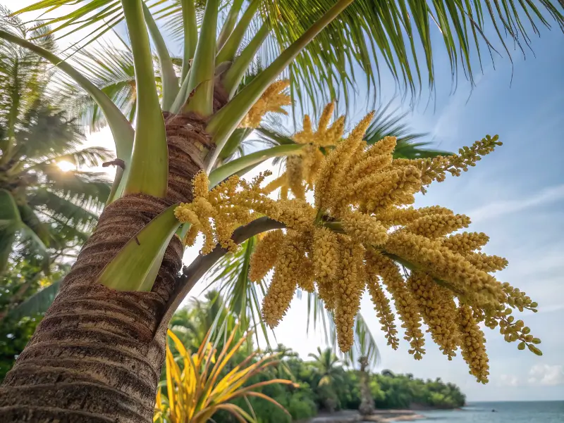 golden-yellow palm flower blossoms emerging from a thick green spathe on a tall tree with bees and tropical background