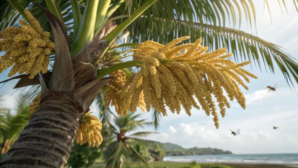 blooming coconut flower on a tall coconut palm in a tropical setting