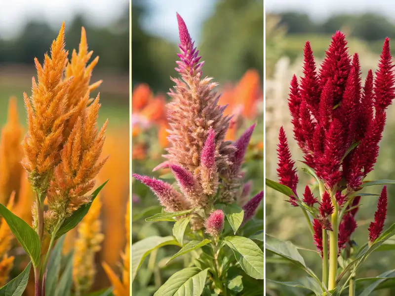 Vibrant dragons breath plant, cockscomb, and wheat celosia displayed in a sunny garden