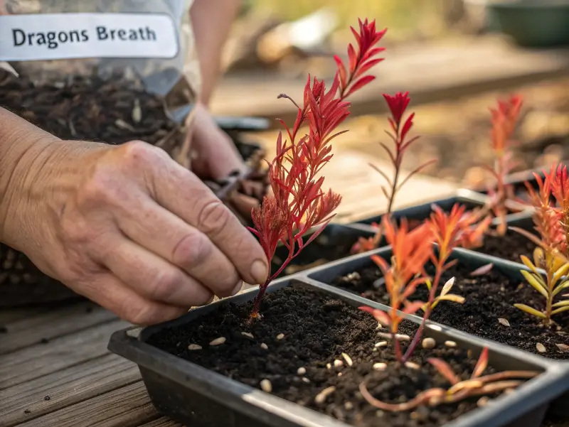 A gardener collecting tiny seeds from the red plume of a dragons breath plant