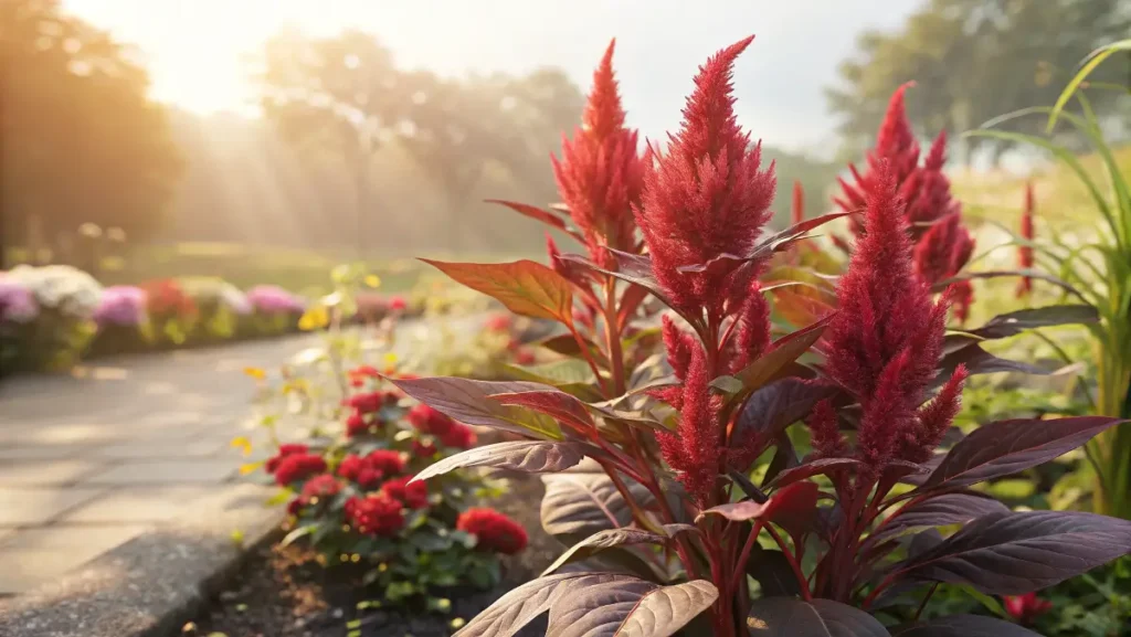 Vibrant dragons breath plant with fiery red plumes and burgundy leaves in a sunlit garden