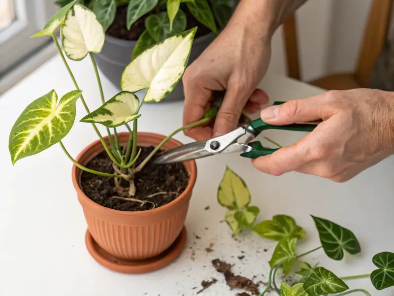Hands pruning nephthytis plant with clean shears, showing proper cutting technique above leaf node for healthy arrowhead vine maintenance