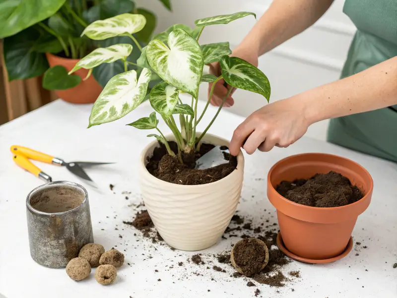Nephthytis plant being repotted showing healthy root system and fresh potting soil, demonstrating proper arrowhead vine repotting technique
