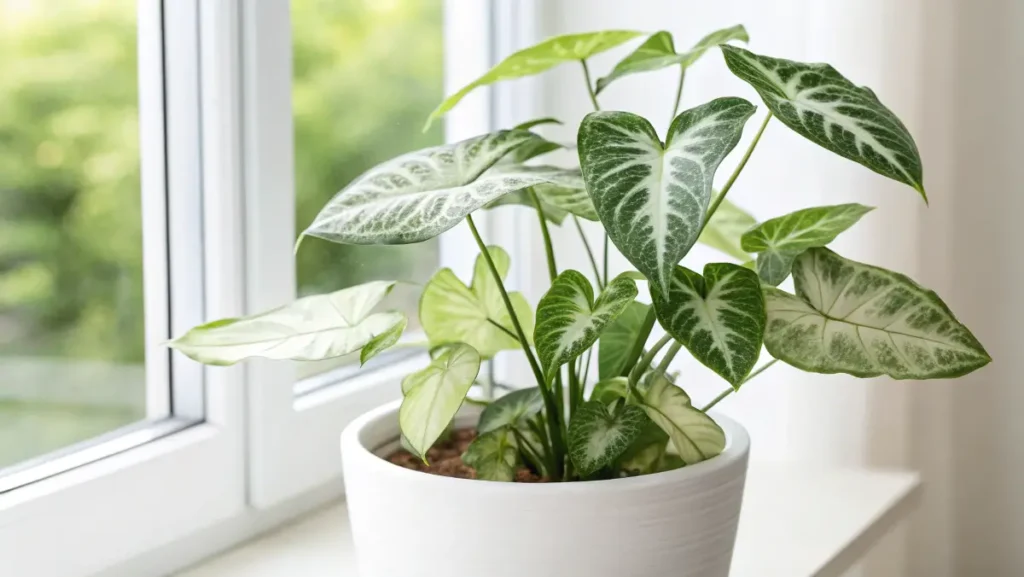Beautiful nephthytis plant with variegated arrow-shaped leaves in white pot, perfect example for indoor arrowhead vine care guide