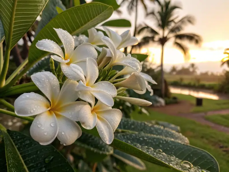 Close-up of dew-covered puakenikeni flower in a lush tropical garden at sunrise