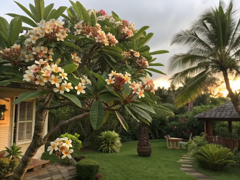Blooming puakenikeni flower tree in a tropical Hawaiian backyard at sunset