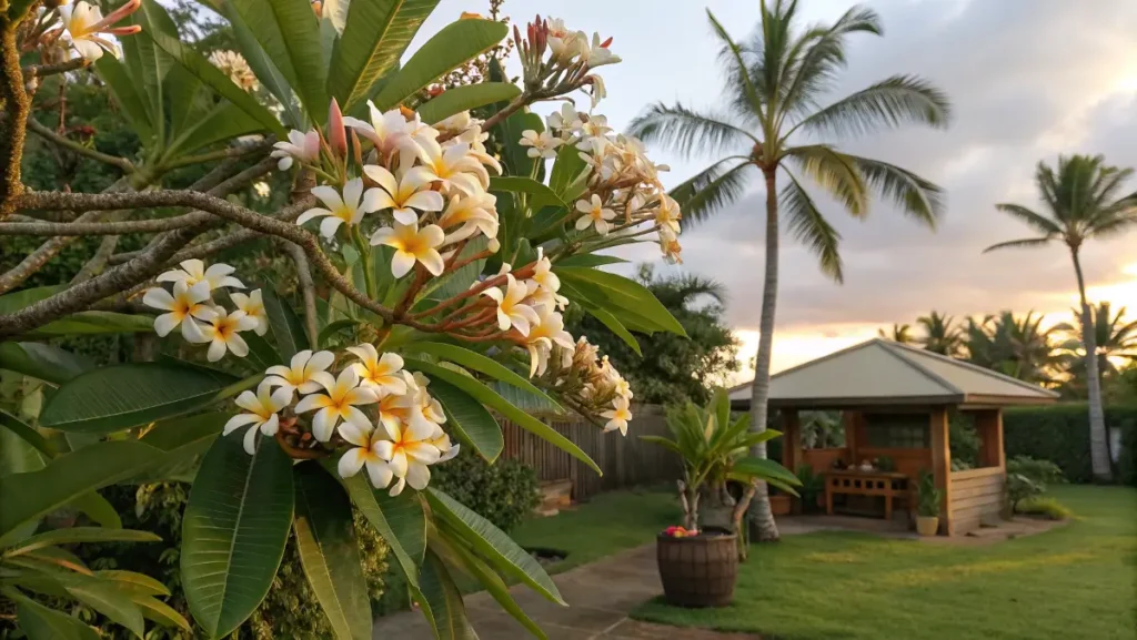 Puakenikeni flower blooming in a tropical backyard garden with palm trees and a wooden gazebo at sunset.