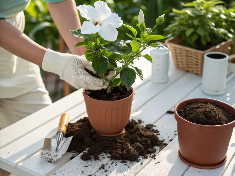 Gardener wearing gloves repotting a blooming white hibiscus flower plant in terra cotta pot with fresh soil and gardening tools on wooden table