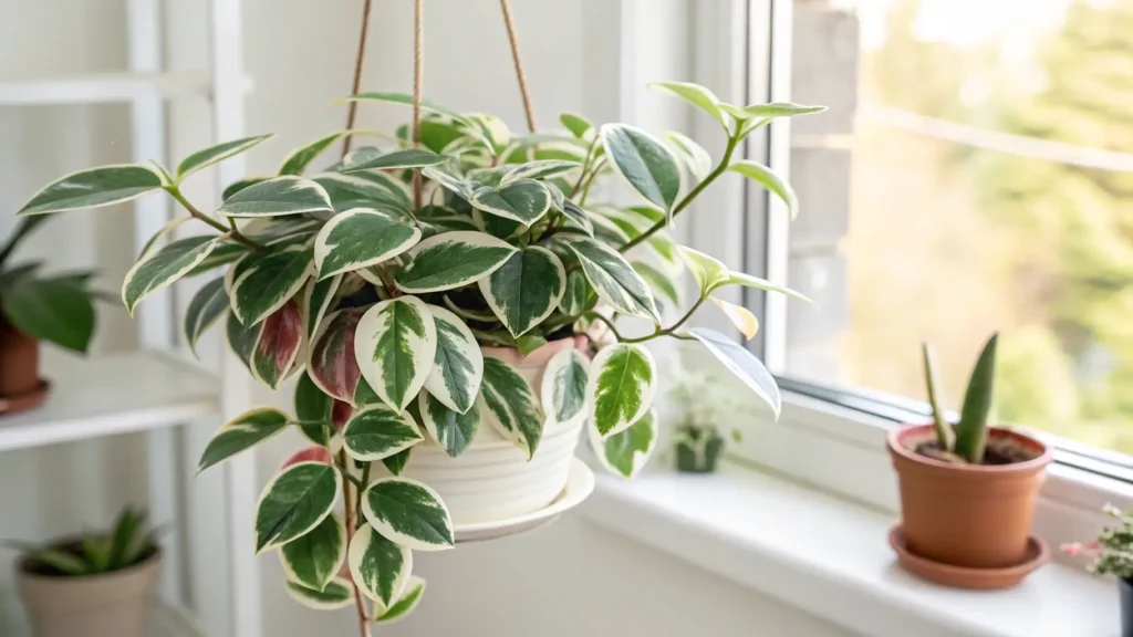 Krimson Queen Hoya care, variegated wax plant with green, pink, and creamy white leaves growing indoors in bright indirect light.