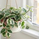 Krimson Queen Hoya care, variegated wax plant with green, pink, and creamy white leaves growing indoors in bright indirect light.