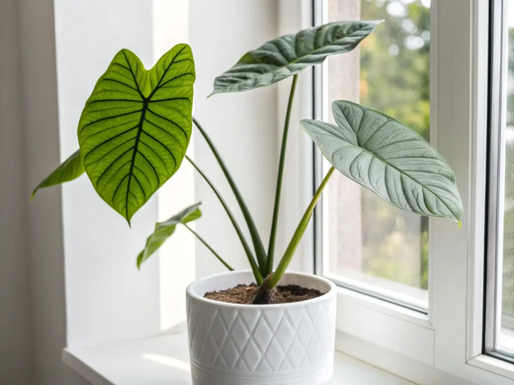 Alocasia stingray plant with vibrant green leaves in a white pot by a bright window