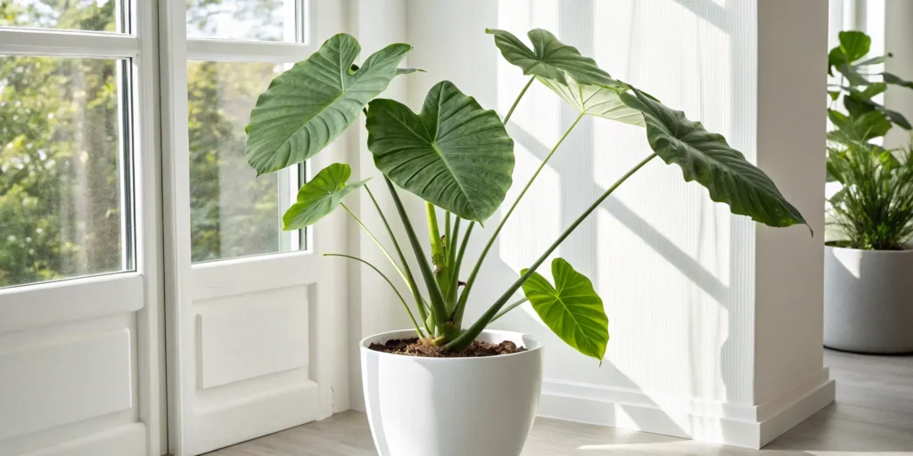 Alocasia stingray plant in a white pot near a sunny window with large green leaves