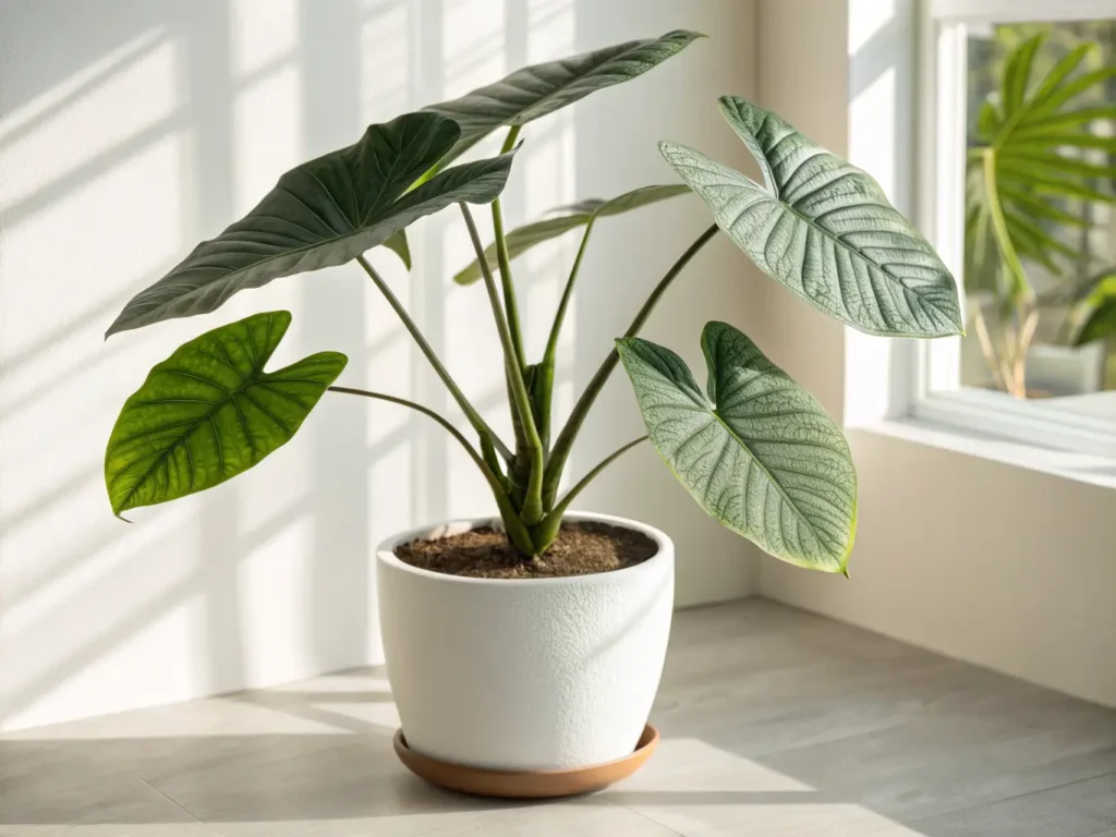 Alocasia stingray plant in a white pot with large green leaves near a sunny window