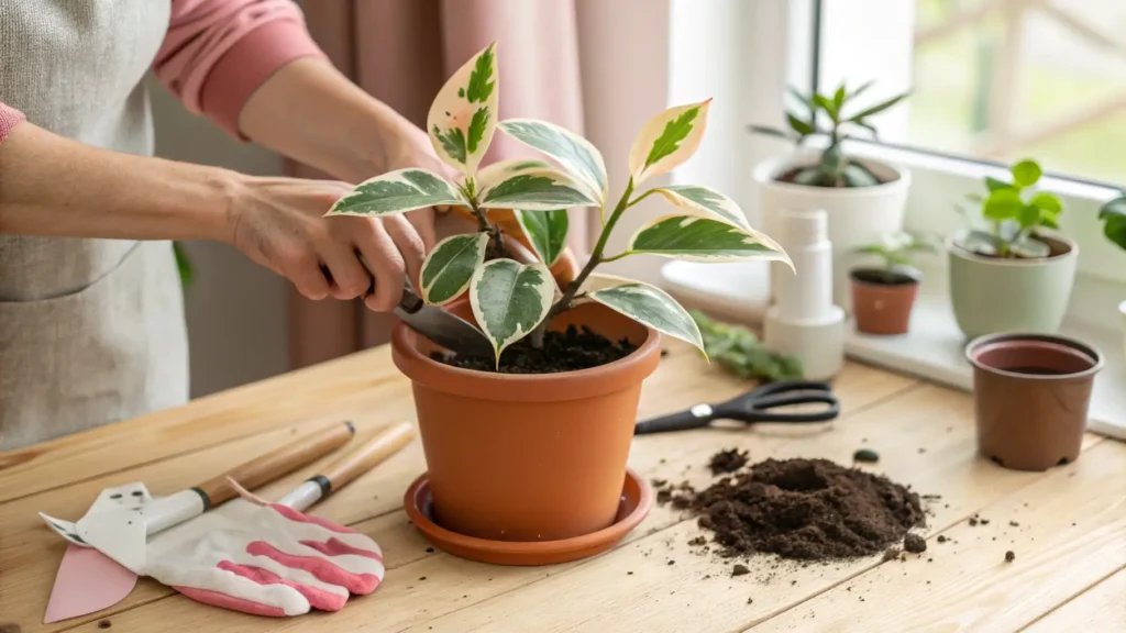 Krimson Queen Hoya care — hands repotting a variegated wax plant with green, pink, and creamy white leaves into a terracotta pot using airy soil mix.