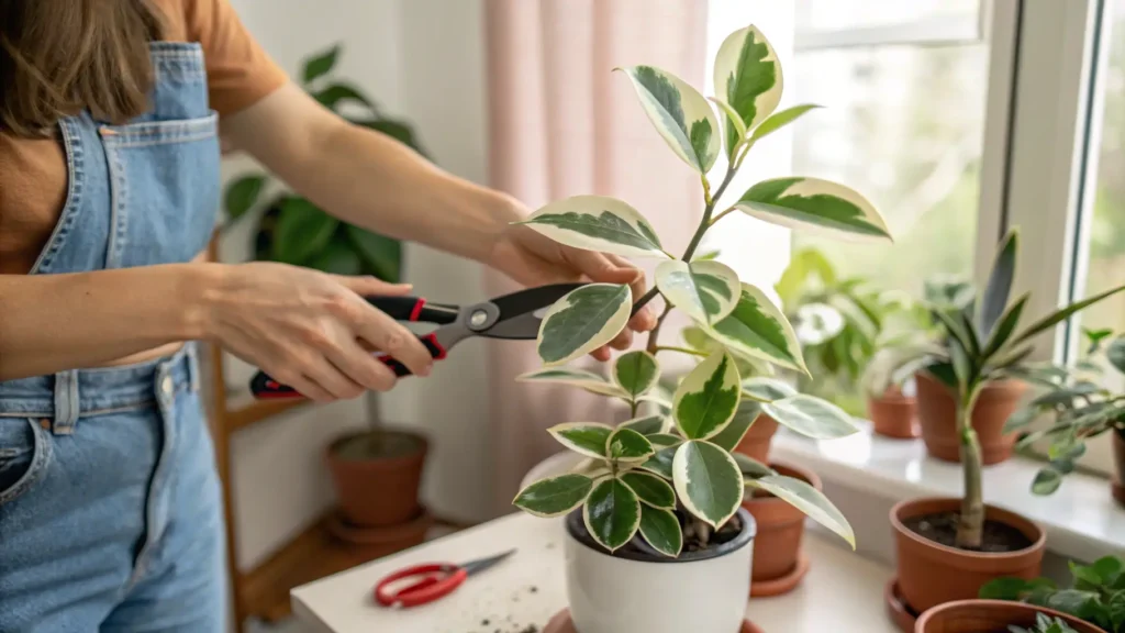 Krimson Queen Hoya care — person pruning variegated wax plant with green and creamy white leaves using clean scissors indoors.