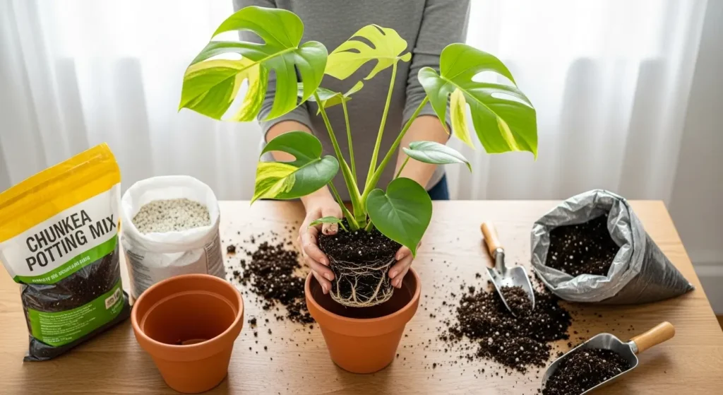 Repotting Monstera aurea plant showing root ball transfer to larger pot with fresh soil for proper care and growth
