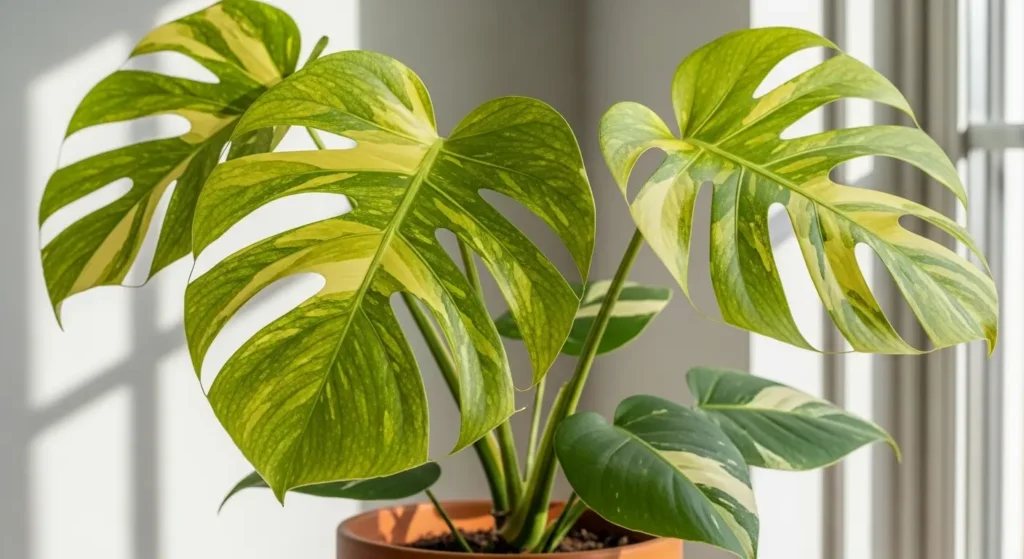 Monstera aurea plant with vibrant yellow and green variegated leaves in terracotta pot showing proper care and healthy growth