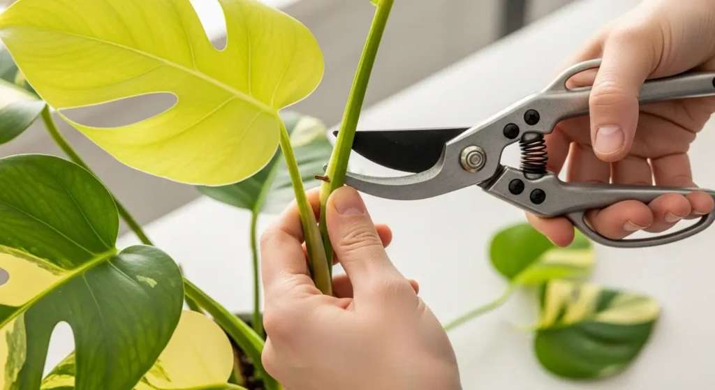 Pruning Monstera aurea plant with shears showing proper cutting technique above node for healthy growth and maintenance