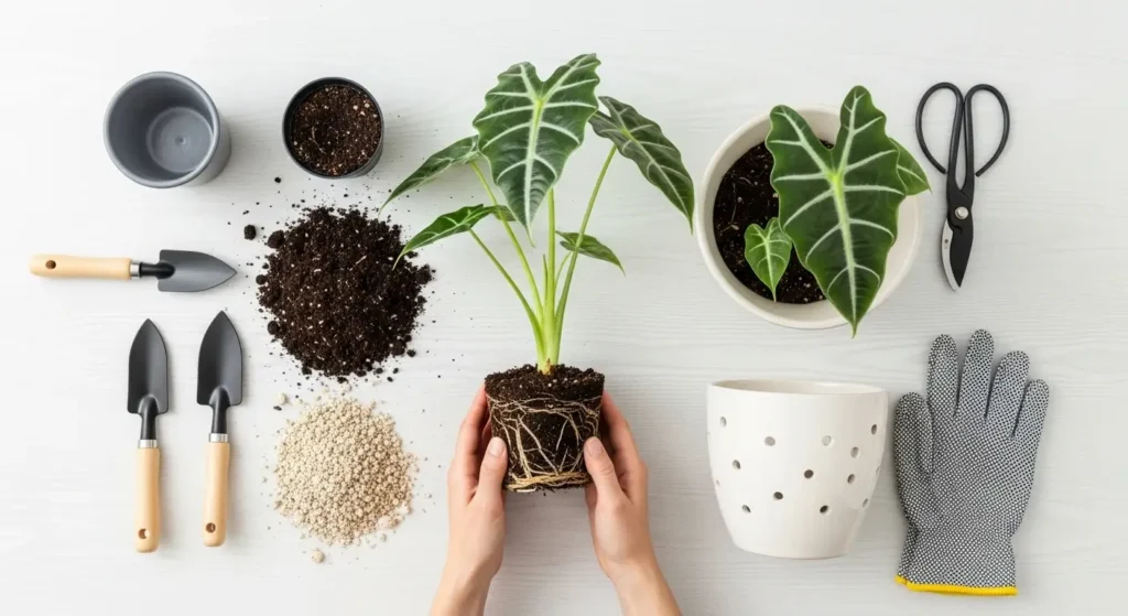 Alocasia Polly repotting process showing proper care technique with fresh soil and drainage