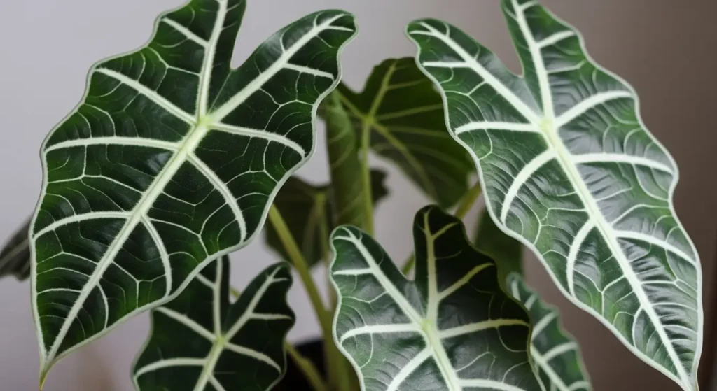 Alocasia Polly plant with dark green leaves and white veins showing proper care results