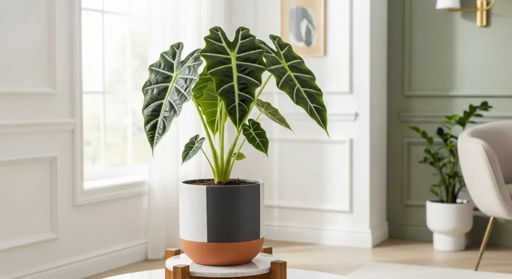 Alocasia Polly care showing healthy African Mask Plant in pot with proper indoor lighting and placement