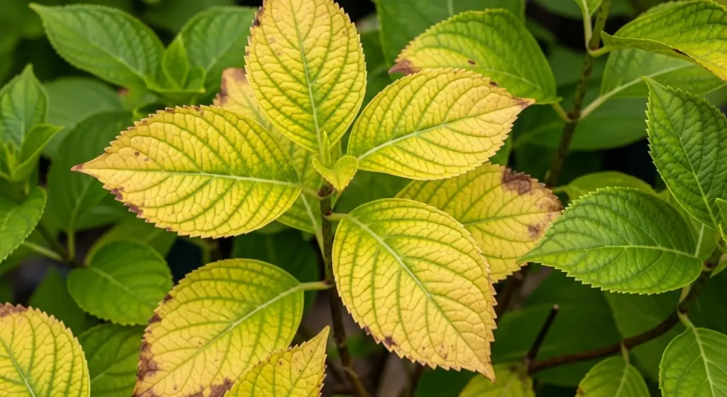 Annabelle hydrangea care troubleshooting guide showing yellow leaves caused by overwatering or nutrient deficiency