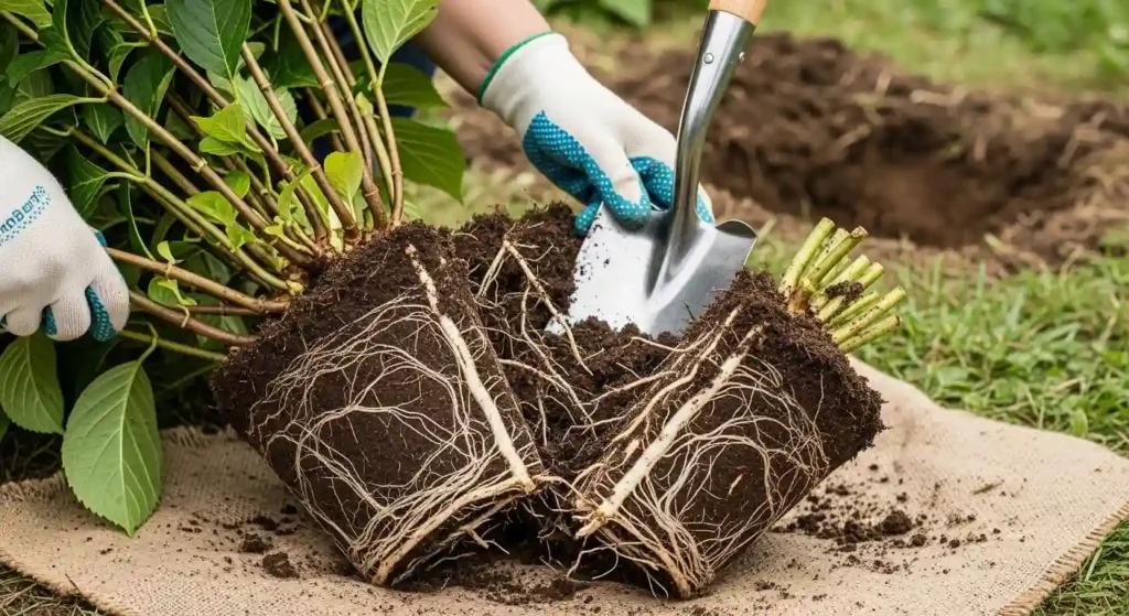 Annabelle hydrangea care propagation by division showing root ball and garden spade dividing mature plant