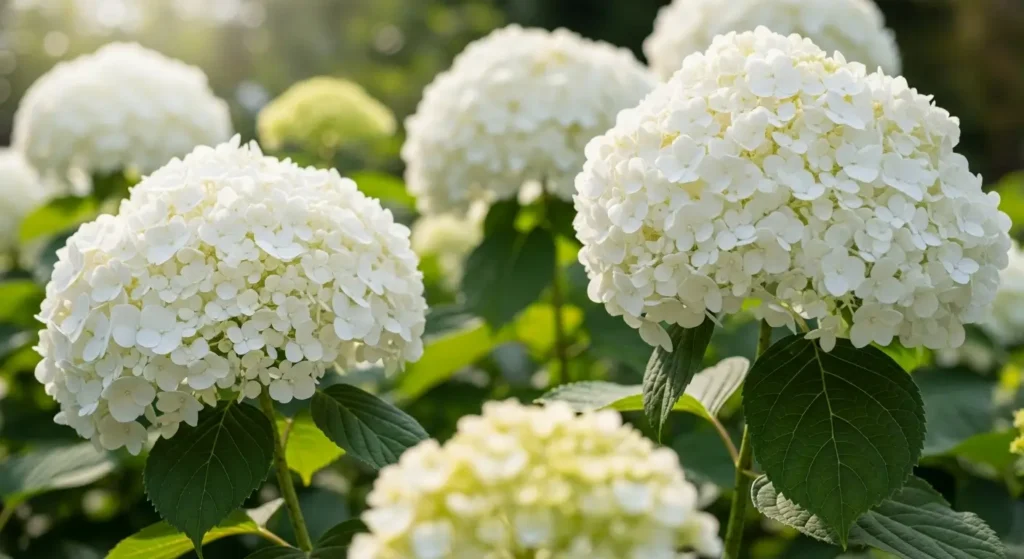 Annabelle hydrangea care guide showing large white blooms and green foliage in garden setting