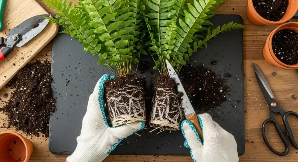 Hands dividing Boston ferns root ball with knife showing propagation method with healthy roots and green fronds exposed
