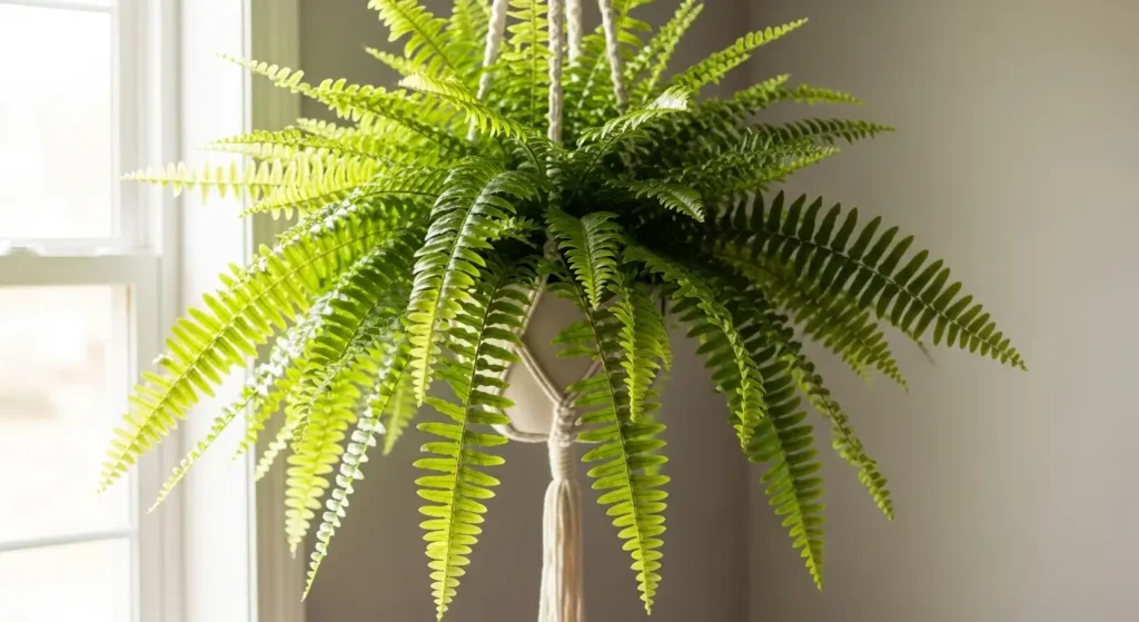 Boston ferns with lush cascading green fronds in white hanging basket showing healthy indoor growth and proper plant care