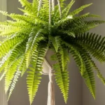 Boston ferns with lush cascading green fronds in white hanging basket showing healthy indoor growth and proper plant care